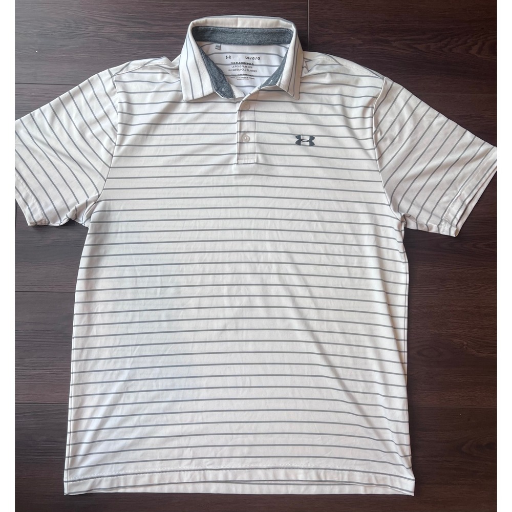 Under Armour Mens Playoff Polo Shirt Large White Gray Striped Short Sleeve Golf